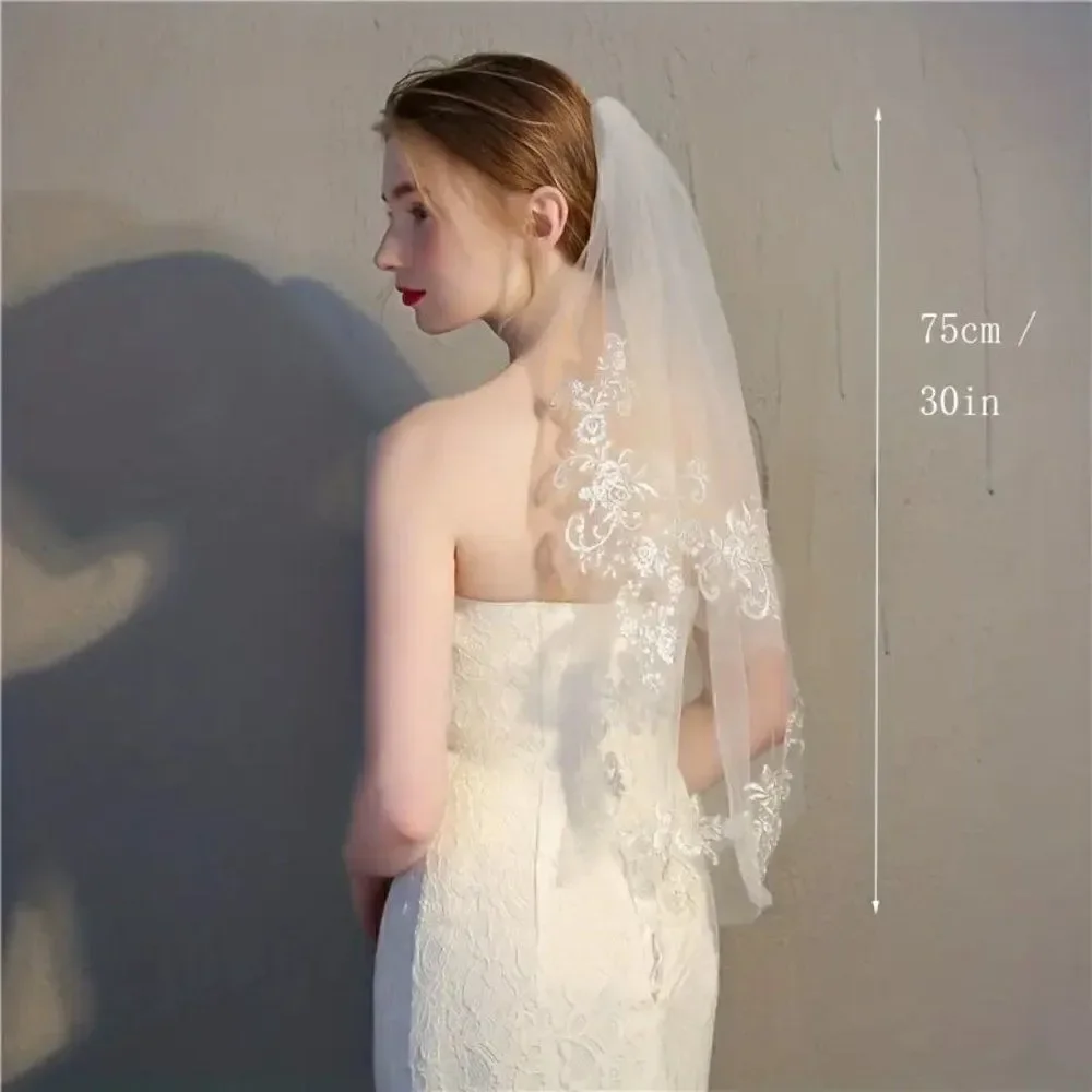 Floral Lace Edge Elbow Bridal Wedding Veil With Comb Ivory Veil White Veil
